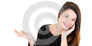 Young happy woman presenting your product on white background