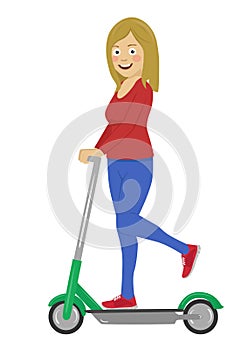 Young happy woman riding her electric scooter isolated on white background