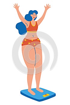 Young happy woman standing on scales. Women happy about body mass Body positive motivation slogan your body is beautiful.