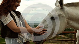 A young happy woman strokes the horse`s muzzle and smiles.