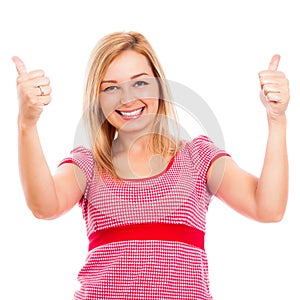 Young happy woman thumbs up