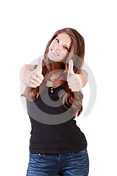 Young happy woman thumbs up by two hands