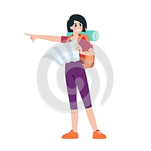 Young happy woman tourist flat cartoon character. Traveling people on summer vacation trip, Isolated on white background