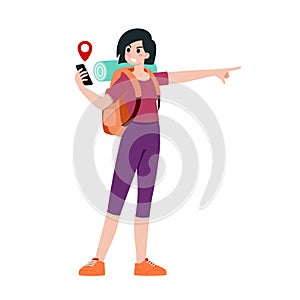 Young happy woman tourist flat cartoon character. Traveling people on summer vacation trip, Isolated on white background
