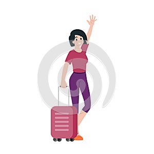 Young happy woman tourist flat cartoon character. Traveling people on summer vacation trip, Isolated on white background