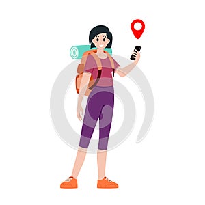 Young happy woman tourist flat cartoon character. Traveling people on summer vacation trip, Isolated on white background