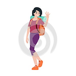 Young happy woman tourist flat cartoon character. Traveling people on summer vacation trip, Isolated on white background