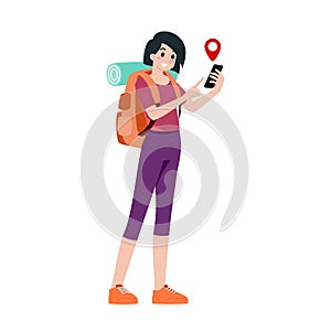 Young happy woman tourist flat cartoon character. Traveling people on summer vacation trip, Isolated on white background