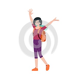 Young happy woman tourist flat cartoon character. Traveling people on summer vacation trip, Isolated on white background