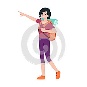 Young happy woman tourist flat cartoon character. Traveling people on summer vacation trip, Isolated on white background