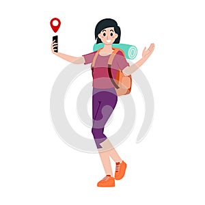 Young happy woman tourist flat cartoon character. Traveling people on summer vacation trip, Isolated on white background