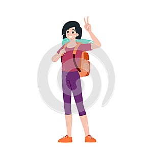 Young happy woman tourist flat cartoon character. Traveling people on summer vacation trip, Isolated on white background