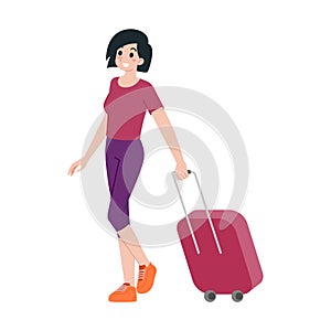 Young happy woman tourist flat cartoon character. Traveling people on summer vacation trip, Isolated on white background