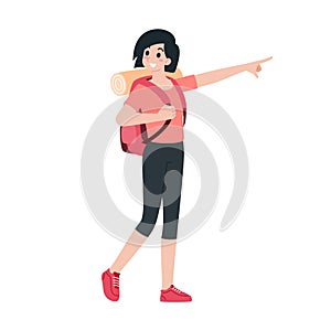 Young happy woman tourist flat cartoon character. Traveling people on summer vacation trip, Isolated on white background