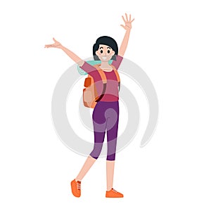 Young happy woman tourist flat cartoon character. Traveling people on summer vacation trip, Isolated on white background