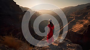 Young happy woman tourist walking in canyon. Adventure, wanderlust, sightseeing.