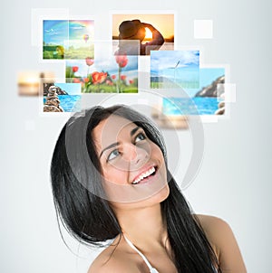 young happy woman with travel vacation memories