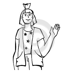 Young happy woman waving hand in greeting gesture, saying hello, sketch vector isolated.