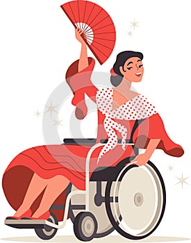 Young happy woman on a wheelchair dancing flamenco dance wearing traditional spanish dress. Inclusive dance