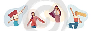 Young happy women dancing cartoon vector illustration