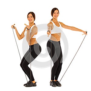 Young healthy girl doing exercises, full length portrait isolated over white background