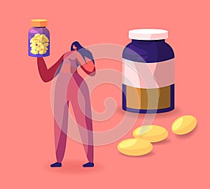 Young Healthy Woman with Beautiful Long Hair Holding Bottle with Omega Oil Pills, Polyunsaturated Fatty Acid for Health