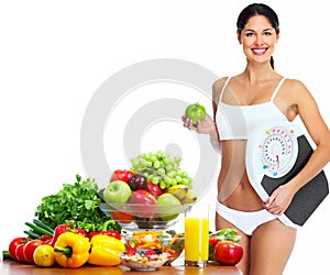 Young healthy woman with fruits.