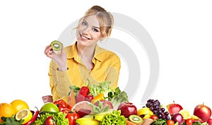 Young healthy woman with fruits and vegetables.