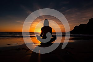 Young healthy woman practicing yoga on the beach at sunset. Generative Ai.