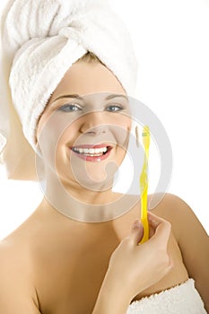 Young healthy woman with two tooth brushes