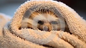 A young hedgehog snuggles up in a fluffy blanket and enjoys the warmth and peace.