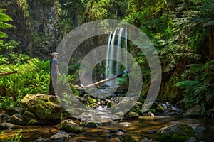 Young hiker looks at the Hopetoun Falls in Australia