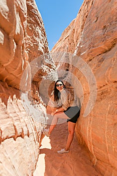 Young hiker woman on hike