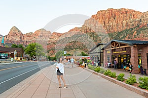 Young hiker woman in Springdale is a quaint town at the entrance of Zion National Park