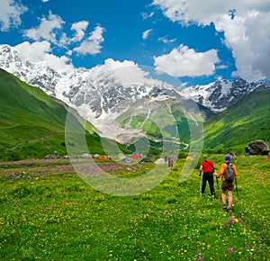Young hikers trekking in Svaneti