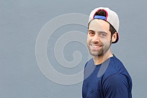 Young hip healthy man smiling with copy space