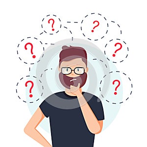 Young hipster business man thinking standing under question marks. Vector flat cartoon illustration character icon.