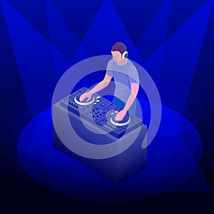 Young hipster DJ mixing music on the turntables. DJ playing and mixing music on the deck at a party. Vector flat design