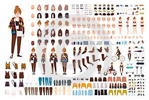 Young hipster girl animation set, generator or DIY kit. Bundle of body parts, trendy casual clothes, gestures, faces