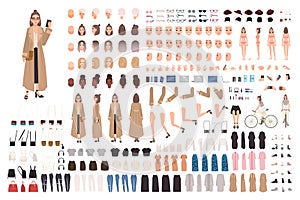 Young hipster girl in trench coat creation set or DIY kit. Set of body parts, stylish clothes, trendy accessories