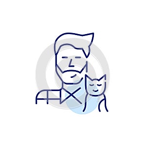 Young hipster guy wearing a shirt with his cat. Pet lover cute icon. Pixel perfect, editable stroke art