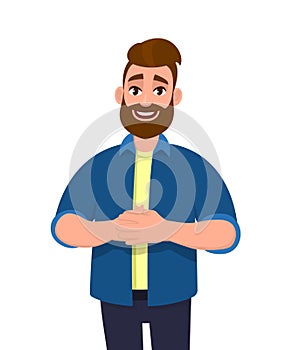 Young hipster man holding his hands together. Trendy bearded person standing isolated in white background. Happy male character.