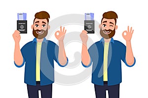 Young hipster man showing passport with ticket and gesturing okay, OK sign. Bearded person holding boarding pass and winking eye.