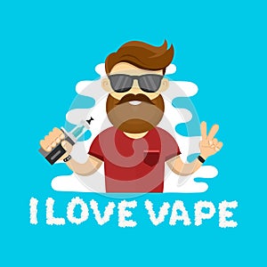 Young hipster man with vape. Flat vector illustration. vaping shop concept