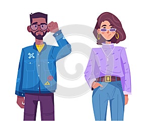 Young hipster man and woman wearing trendy outfits standing together