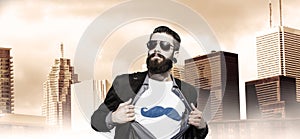 Young hipster superhero oversees capital photo