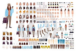 Young hipster woman creation kit. Collection of flat female cartoon character body parts, facial gestures, postures