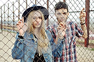 Young hipsters couple outdoor portrait photo
