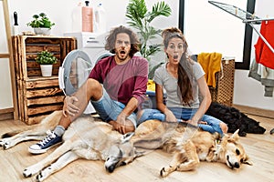 Young hispanic couple doing laundry with dogs in shock face, looking skeptical and sarcastic, surprised with open mouth