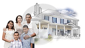 Young Hispanic Family IN Front of House Drawing and Photo on White